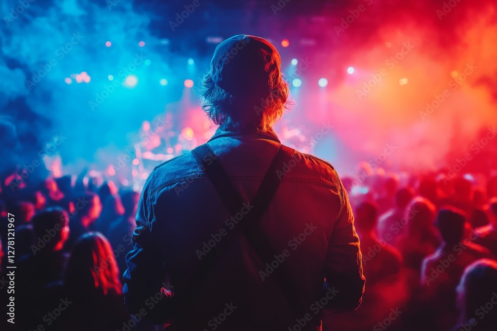 Poster music event with vibrant lights and crowd viewing performance from behind at night