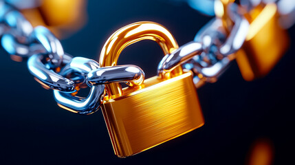 Gold Padlock Secured to Silver Chain on Dark Background