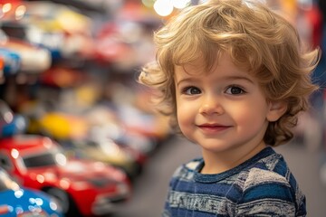 Fototapeta premium Young child enjoys toy cars in a colorful store filled with miniature vehicles on a bright afternoon