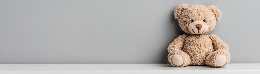 Obraz premium Soft and Cute Teddy Bear Sitting on a White Shelf Against a Neutral Gray Wall Background