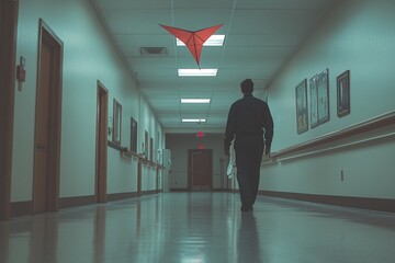 Fototapeta premium Man walks down hospital corridor with red kite hanging from ceiling in quiet environment during daytime