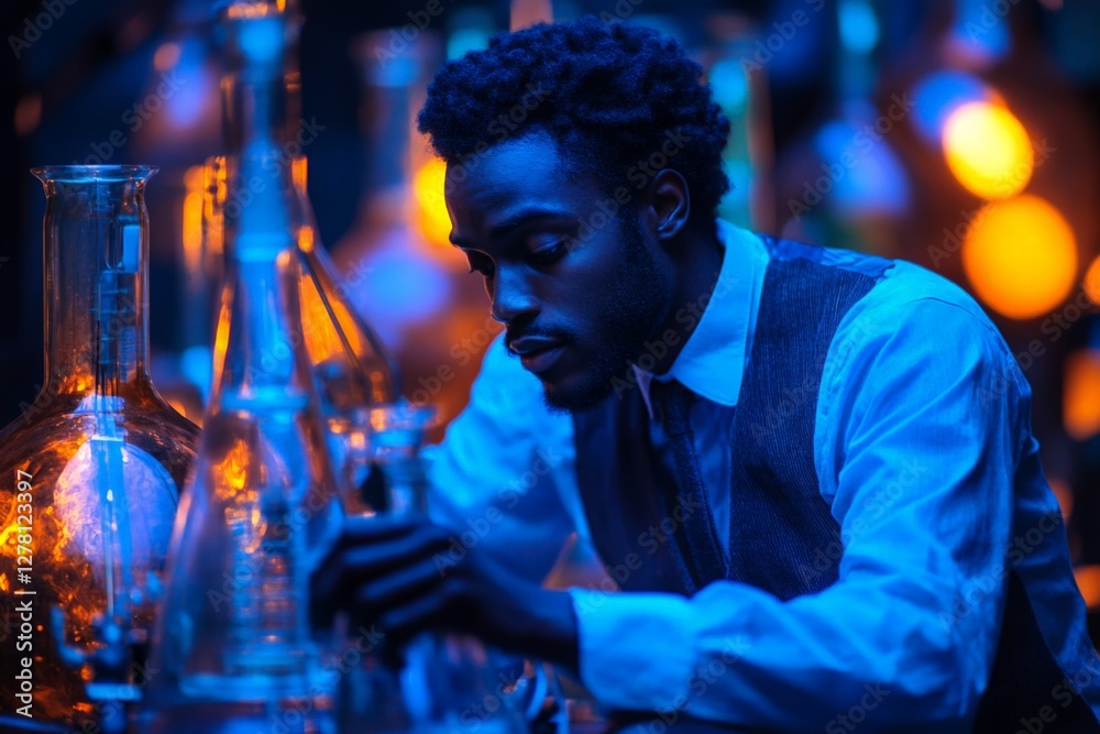 Aufkleber scientist conducting experiments in a dimly lit laboratory filled with glassware and glowing lights 