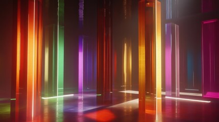 Vibrant colored pillars casting reflections in a dimly lit abstract space, creating a surreal ambiance