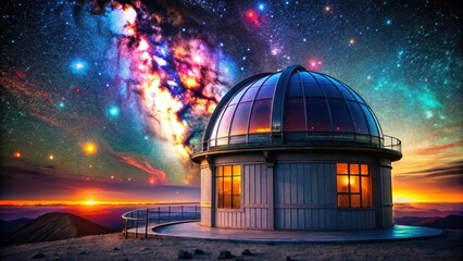 Obraz premium Observatory Dome at Sunset with Vivid Celestial Display and Starry Night Sky