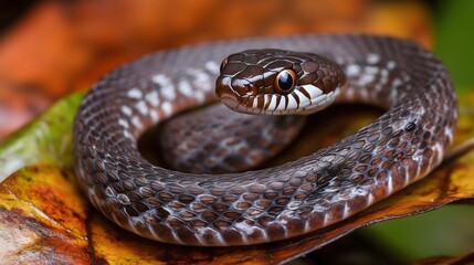 Obraz premium Tropische Schlange auf buntem Laub. Nahaufnahme einer tropischen Schlange mit braun-weißer Musterung, die auf einem bunten Blatt ruht. 