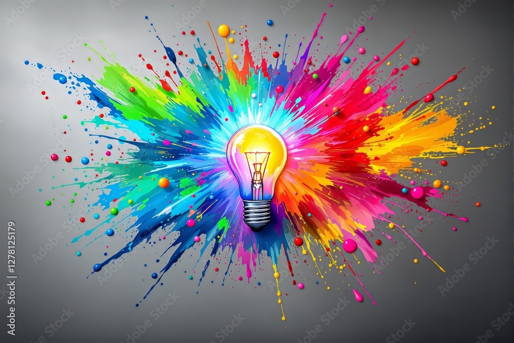 Poster Vibrant Lightbulb with Exploding Colorful Paint Splash on Gray Background.