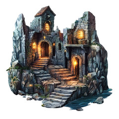 Fototapeta premium A digitally rendered illustration of a stone coastal village at night, featuring a winding staircase leading to arched entryways and lit windows.