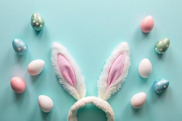 Pastel Easter eggs and fluffy bunny ears on a light blue background
