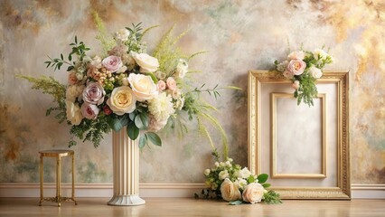 Fototapeta premium Elegant floral arrangement in a classic vase with ornate gold frame and small side table against a textured background