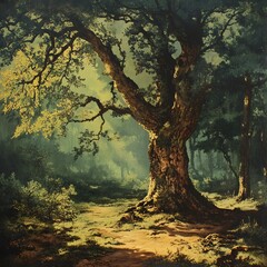 Fototapeta premium Majestic oak tree in sunlit forest, path, nature scene, tranquil background, perfect for nature posters