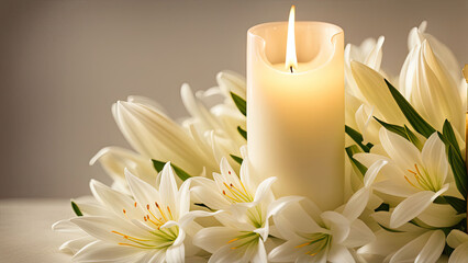A serene arrangement of a white candle surrounded by delicate white lilies, creating a peaceful and elegant atmosphere, symbolizing purity, remembrance, and tranquility.