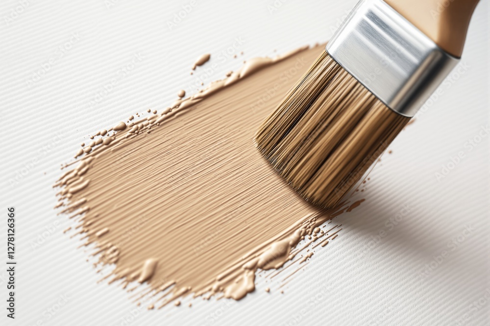 Poster close-up of a brush applying beige paint on a textured white surface.