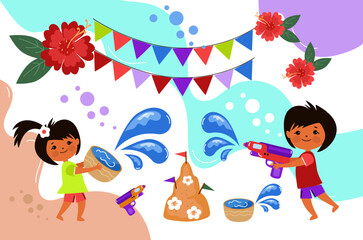 Naklejka premium png set Songkran festival in Thailand. Thai New Year Holidays. Children Playing Water. Vector cartoon flat Illustration isolated on transparent background