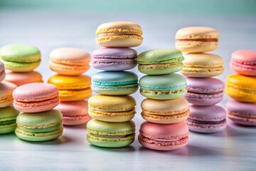 Fototapeta premium Pastel-colored macarons stacked in various heights, showcasing delicate layers and vibrant hues, a delightful arrangement of sweet treats.