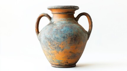 Aged Terracotta Amphora with Teal Accents on White Background