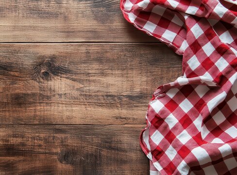 Charming red and white checkered tablecloth draped over rustic wooden background, perfect for inviting dining settings.