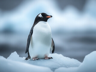 Naklejka premium Gentoo penguin standing on ice in a cold environment