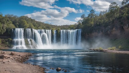 Waterfall cascading down rocks surrounded by lush greenery under a blue sky with fluffy clouds and a calm river at the foreground