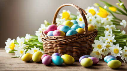 A wicker basket filled with colorful Easter eggs, surrounded by fresh white and yellow flowers, symbolizing joy, spring, and festive celebration.