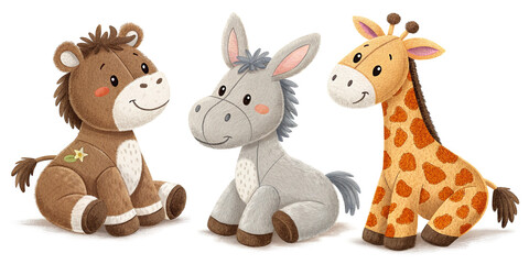 Naklejka premium Charming Collection of Plush Toys Featuring a Horse, Donkey, and Giraffe for Kids' Playtime