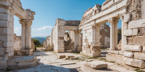 Ancient ruins with fragmented columns and stone structures under a blue sky and scattered clouds. Historical site in natural landscape.