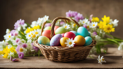 A wicker basket filled with colorful Easter eggs, surrounded by fresh white and yellow flowers, symbolizing joy, spring, and festive celebration.
