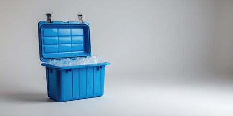 Blue cooler box filled with ice on a light background with an open lid for storage and outdoor activities