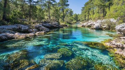 Naklejka premium Crystal-clear turquoise river flowing through a lush pine forest.