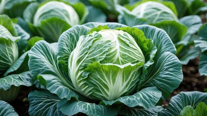 Fototapeta premium Fresh green cabbage in a vegetable garden with vibrant leaves and a textured surface under natural sunlight