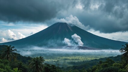 Fototapeta premium Active volcano surrounded by lush green vegetation under cloudy sky with smoke plumes rising from the crater and mist in the lowlands