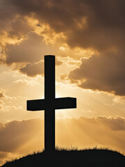 A wooden cross stands on a hill, illuminated by a golden sunset, symbolizing faith, hope, and spiritual reflection against a scenic landscape of rolling hills and dramatic clouds.