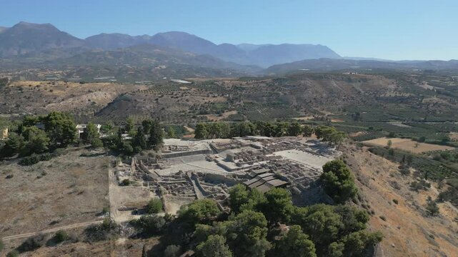 An orbiting footage of the ancient ruins of the Phaistos civilization in Crete