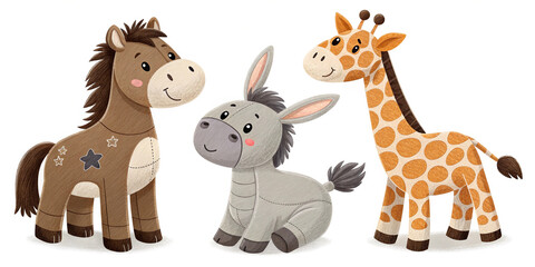 Naklejka premium Adorable Collection of Plush Toys Featuring a Horse, Donkey, and Giraffe for Kids
