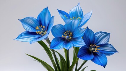 Blue flowers with detailed petals and green leaves on a light background. Floral arrangement emphasizing bright blue hues and natural beauty.