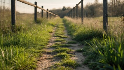 Obraz premium Dirt path bordered by wooden fence and tall grass in rural landscape during golden hour sunlight