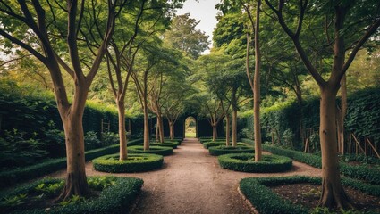 Obraz premium Symmetrical pathway lined with trimmed hedges and trees in a lush garden environment on a tranquil day
