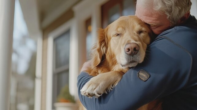 owner coming back home reuniting with his Golden Retriever