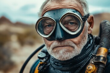 Experienced diver preparing for an underwater exploration in a rugged coastal area with scattered rock formations
