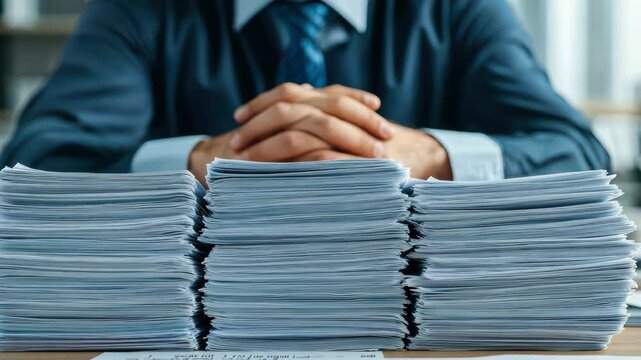 A business owner sitting at a desk, surrounded by increasing import tax documents, symbolizing the impact of trade tariffs