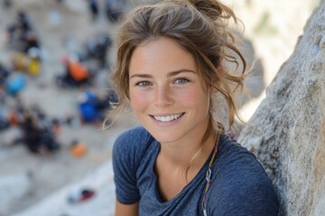 Smiling climber posing against a rock wall at an outdoor climbing event in bright sunlight