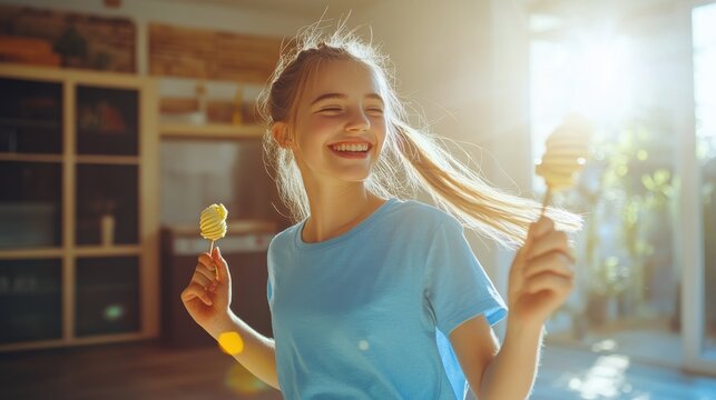 photo girl 18 yers old wearing a blue tshirt dancig in sunny living room hold ice cream on a stick in hand