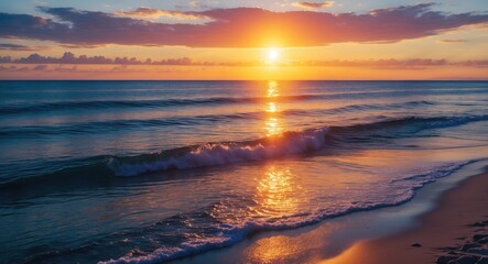 Obraz premium sunset over ocean waves with reflections on water and clouds in the sky on a beach shoreline at dusk