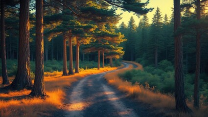 Forest landscape with winding dirt path surrounded by tall pine trees during golden hour sunlight. Nature scenery with vibrant greenery.