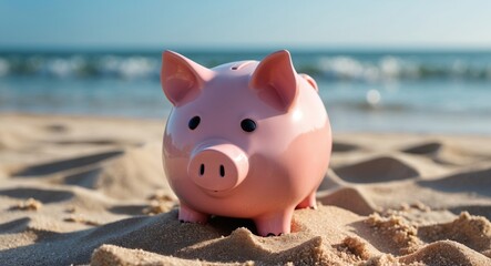 Piggy bank on sandy beach with ocean waves in background highlighting financial savings and vacation themes