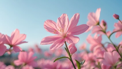 Fototapeta premium Pink flowers in bloom with blue sky background capturing natural beauty in soft sunlight during spring season