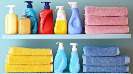 A well-organized laundry room shelf with neatly stacked towels, detergents, and cleaning supplies.