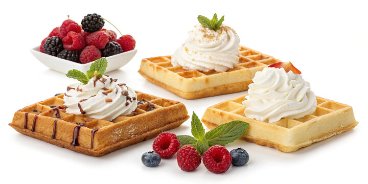 A Collection Set of Waffles with Whipped Cream Isolated for Delicious Treats