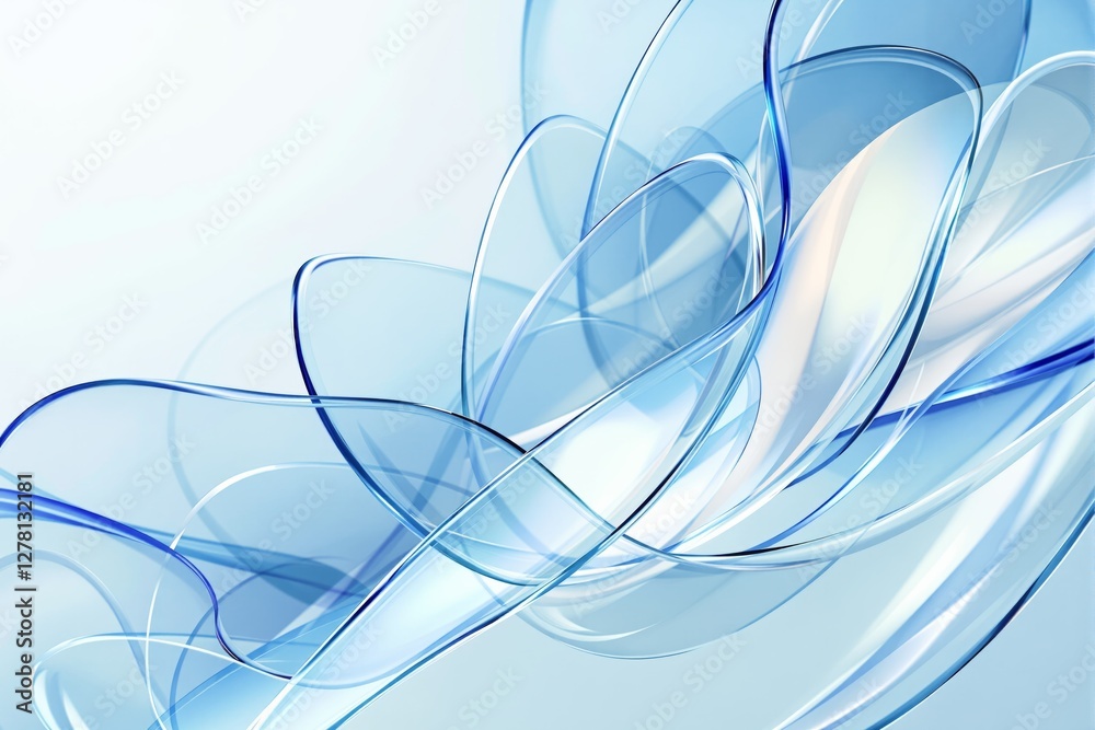 Poster Abstract blue translucent flowing lines on white background with a light and airy texture.