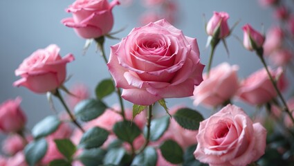 Fototapeta premium Pink roses in full bloom with green leaves, arranged artistically against a soft neutral background, highlighting their delicate petals and colors.