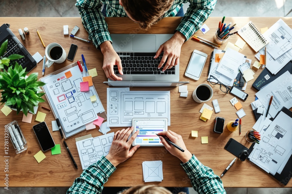 Poster Creative web designers developing a UI/UX concept at a cluttered desk.